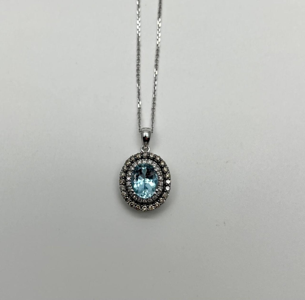 Light Blue Topaz White Diamond Halo 14K White Gold Statement Pendant Necklace