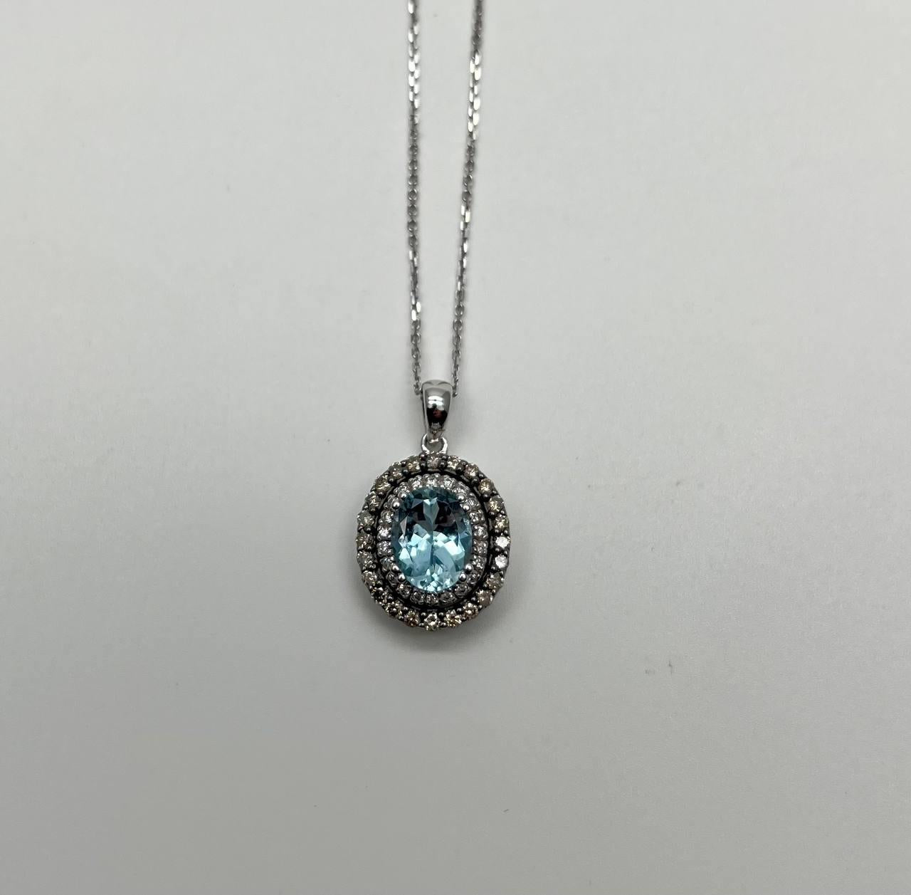 Light Blue Topaz White Diamond Halo 14K White Gold Statement Pendant Necklace