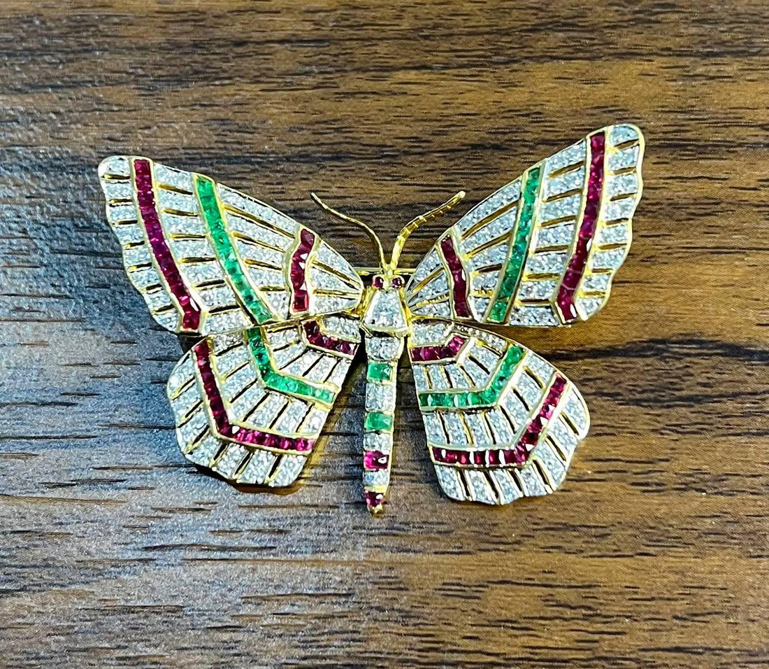 Butterfly Brooch Pin 18K Yellow Gold Diamond Emerald Ruby Channel Set Statement