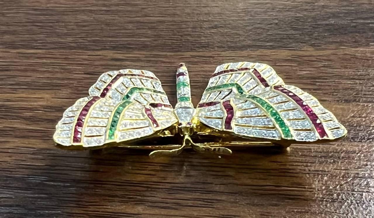 Butterfly Brooch Pin 18K Yellow Gold Diamond Emerald Ruby Channel Set Statement