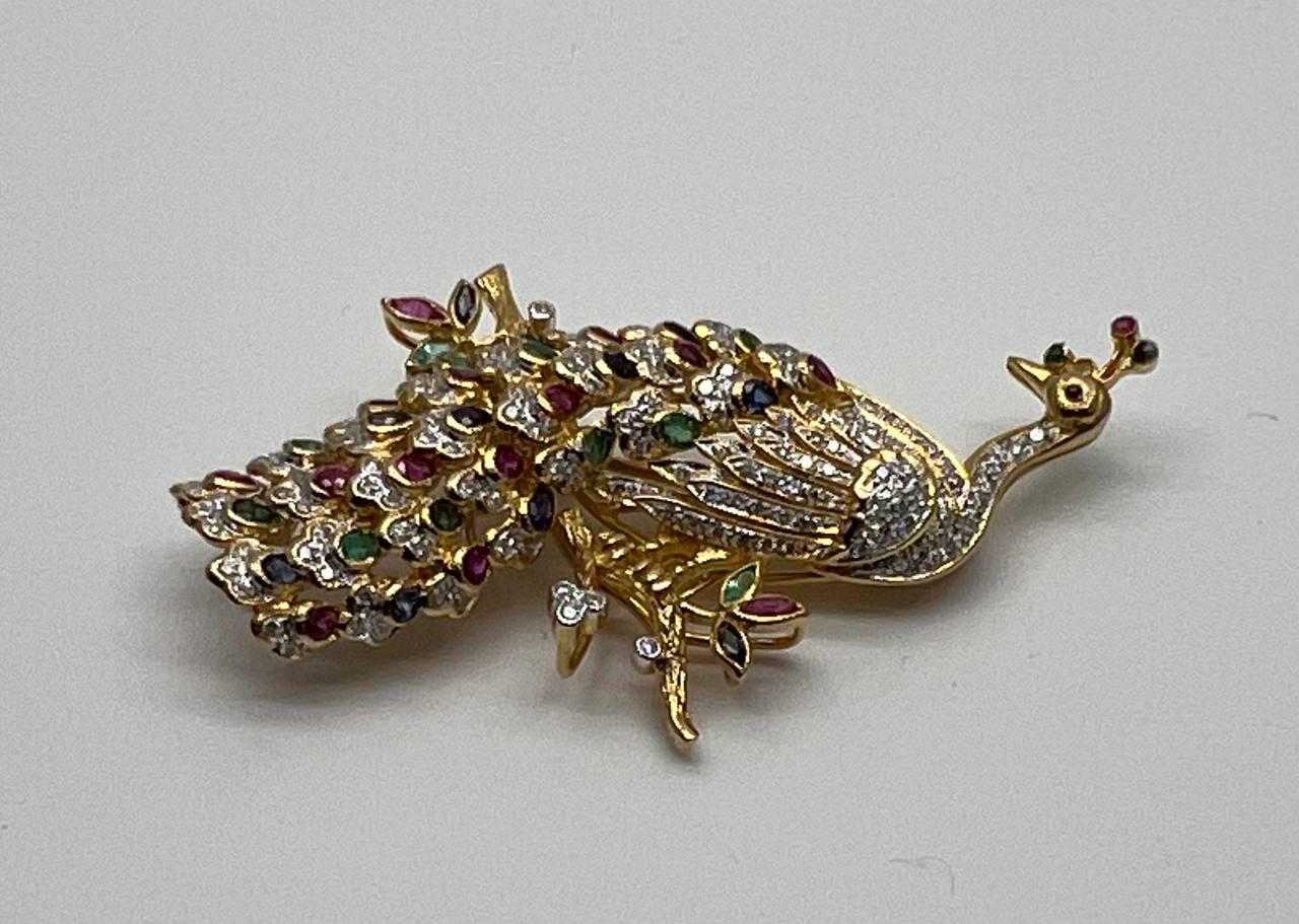 Peacock Bird 14K Yellow Gold Brooch Pin White Diamonds Rubies Emerald Sapphires
