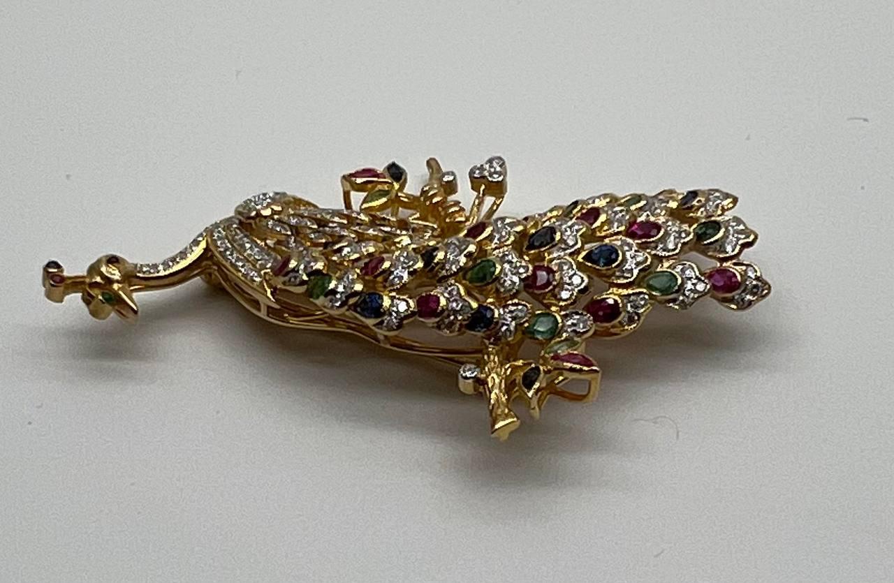 Peacock Bird 14K Yellow Gold Brooch Pin White Diamonds Rubies Emerald Sapphires