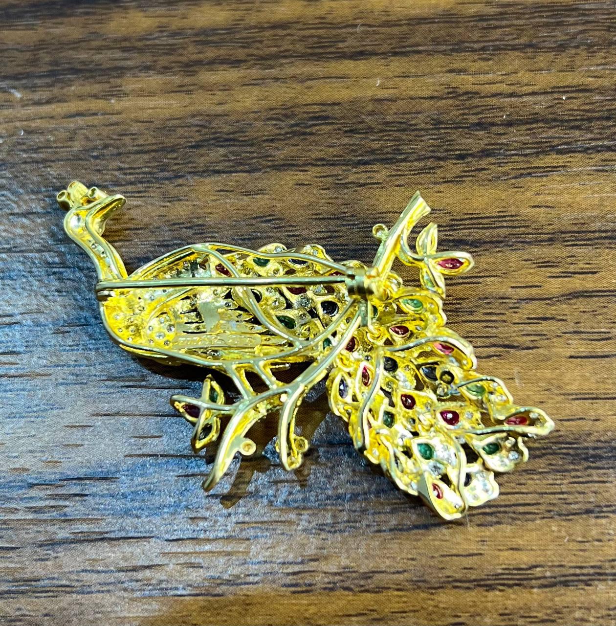 Peacock Bird 14K Yellow Gold Brooch Pin White Diamonds Rubies Emerald Sapphires
