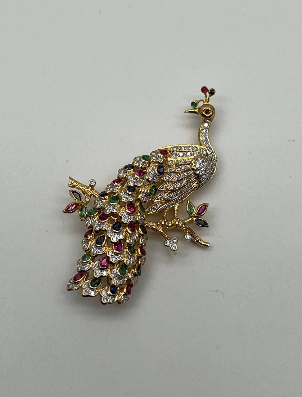 Peacock Bird 14K Yellow Gold Brooch Pin White Diamonds Rubies Emerald Sapphires