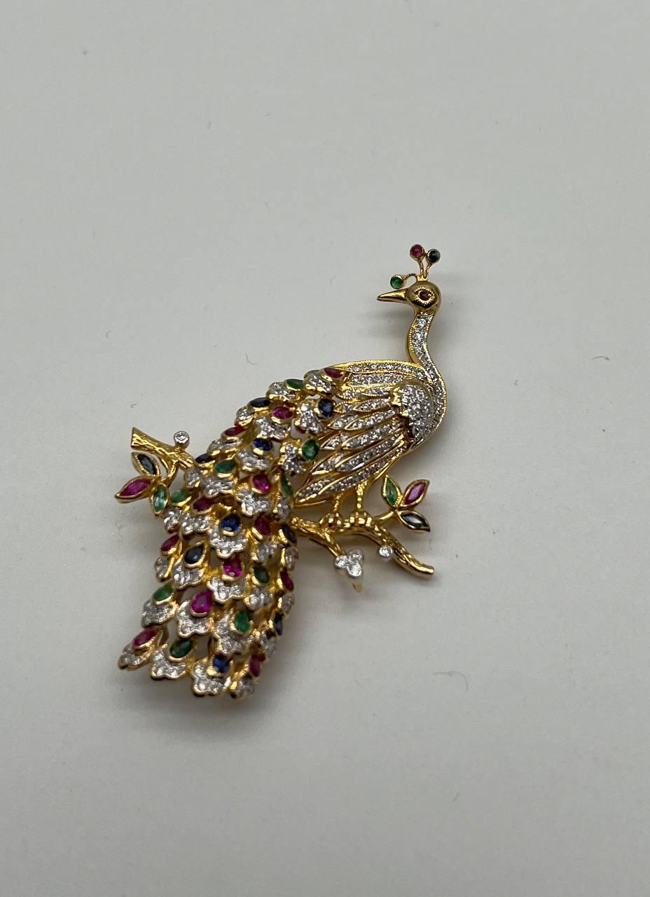 Peacock Bird 14K Yellow Gold Brooch Pin White Diamonds Rubies Emerald Sapphires