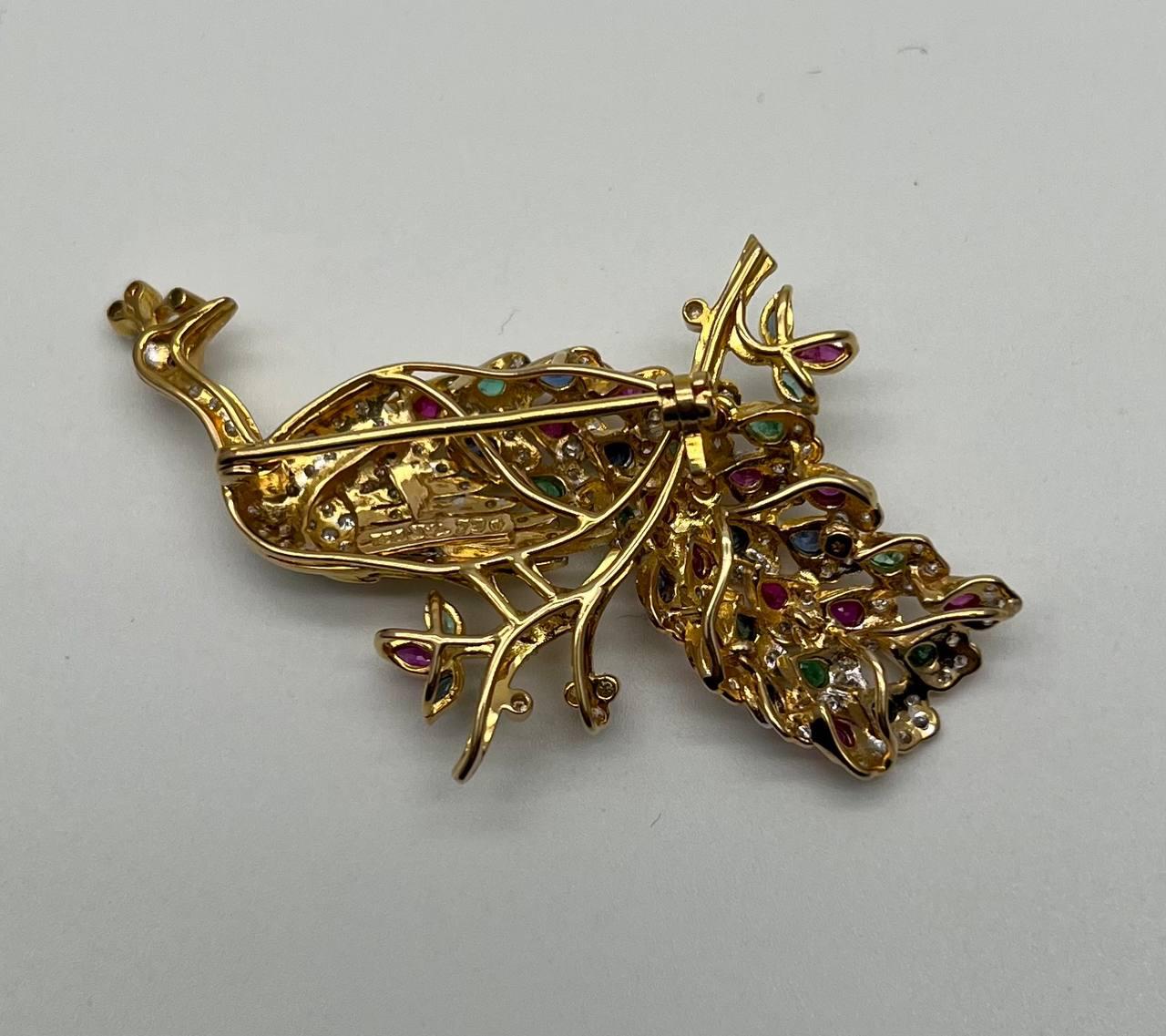 Peacock Bird 14K Yellow Gold Brooch Pin White Diamonds Rubies Emerald Sapphires