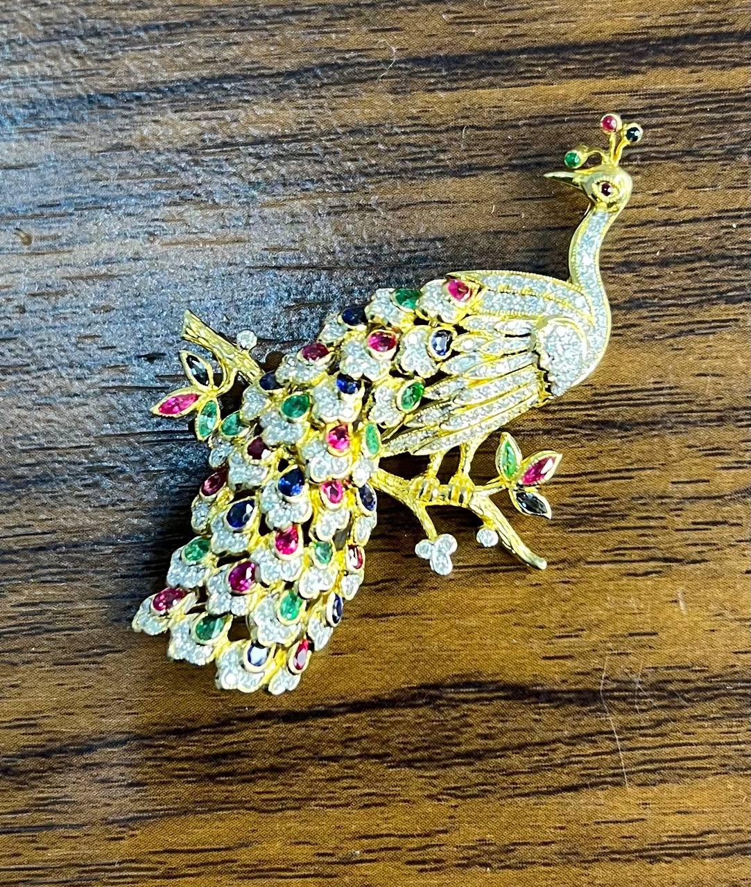 Peacock Bird 14K Yellow Gold Brooch Pin White Diamonds Rubies Emerald Sapphires