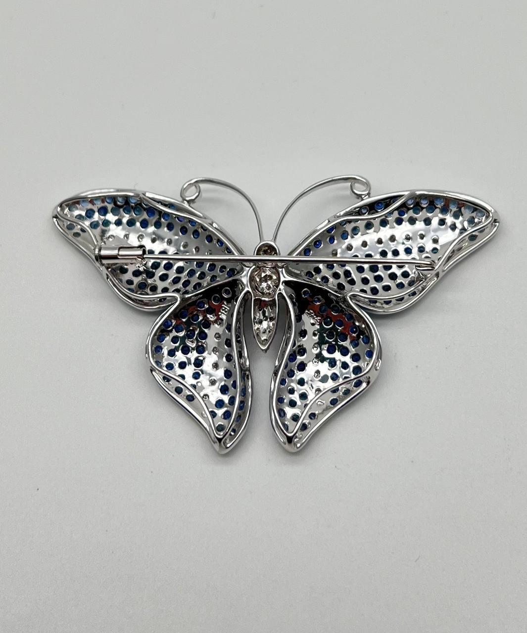 Blue Sapphire &amp; White Diamond Pave Butterfly 18 Karat White Gold Brooch Pin