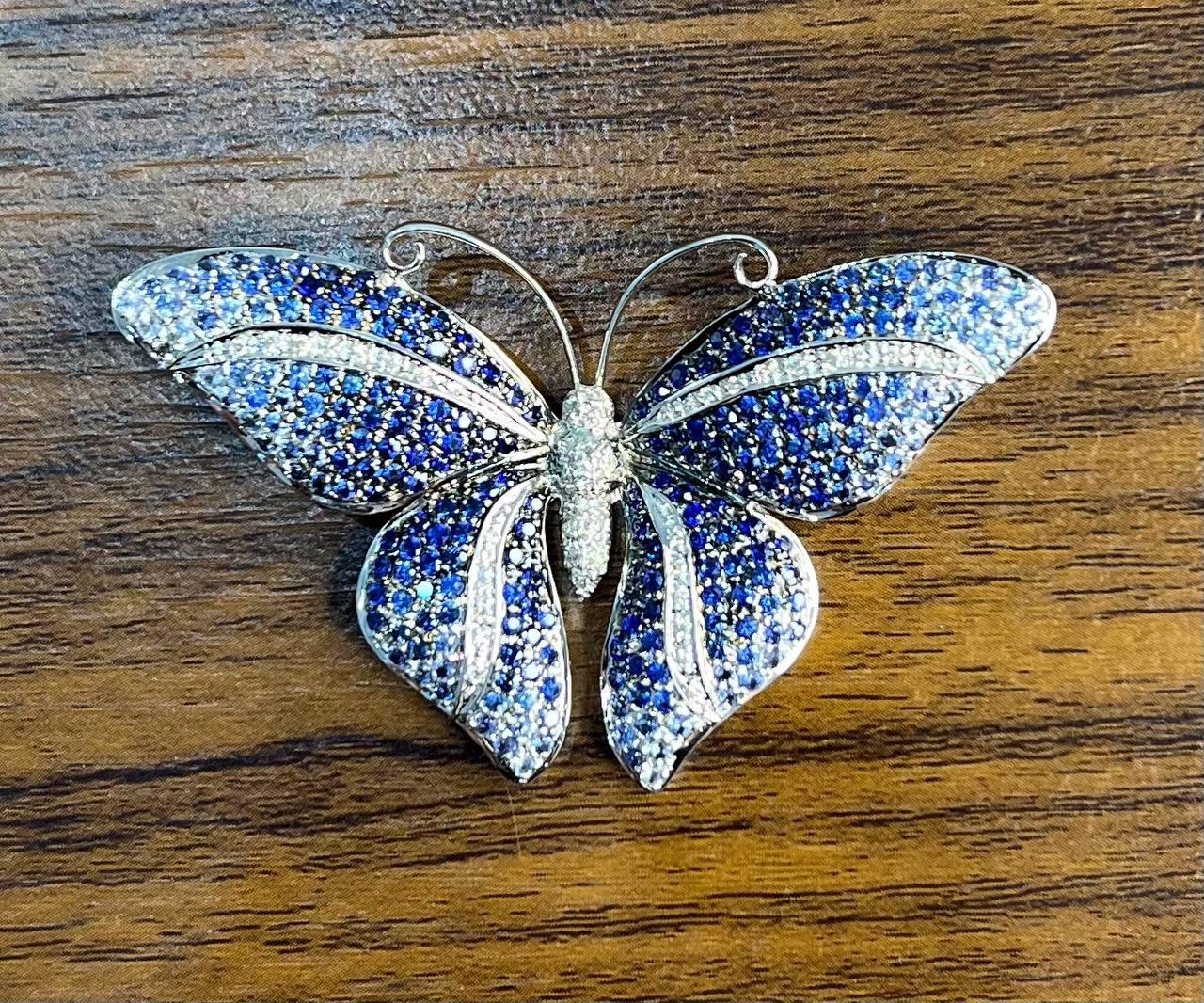 Blue Sapphire &amp; White Diamond Pave Butterfly 18 Karat White Gold Brooch Pin
