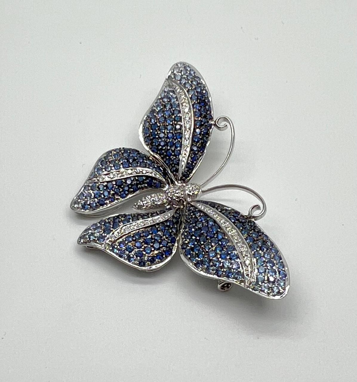 Blue Sapphire &amp; White Diamond Pave Butterfly 18 Karat White Gold Brooch Pin