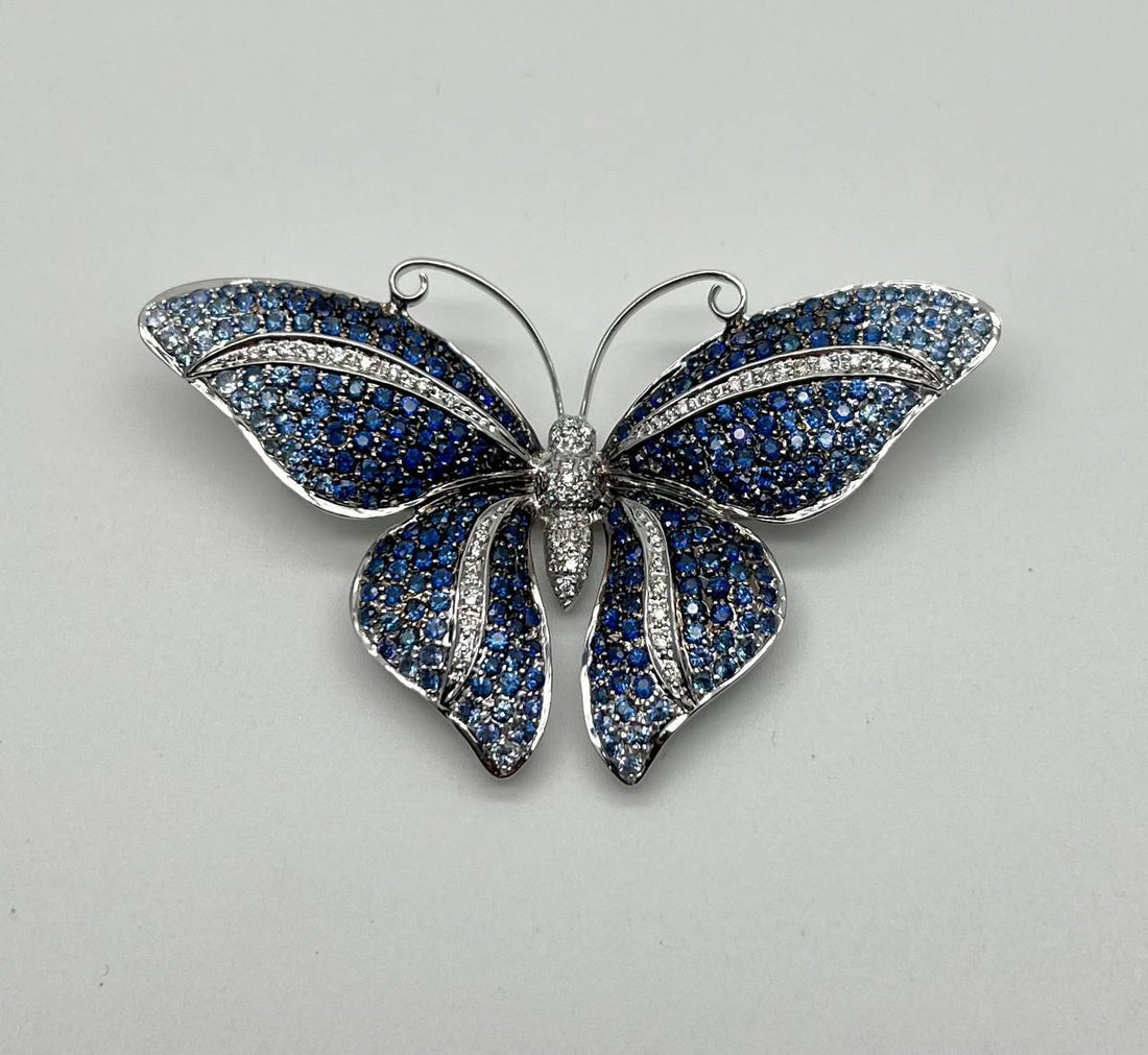 Blue Sapphire & White Diamond Pave Butterfly 18 Karat White Gold Brooch Pin