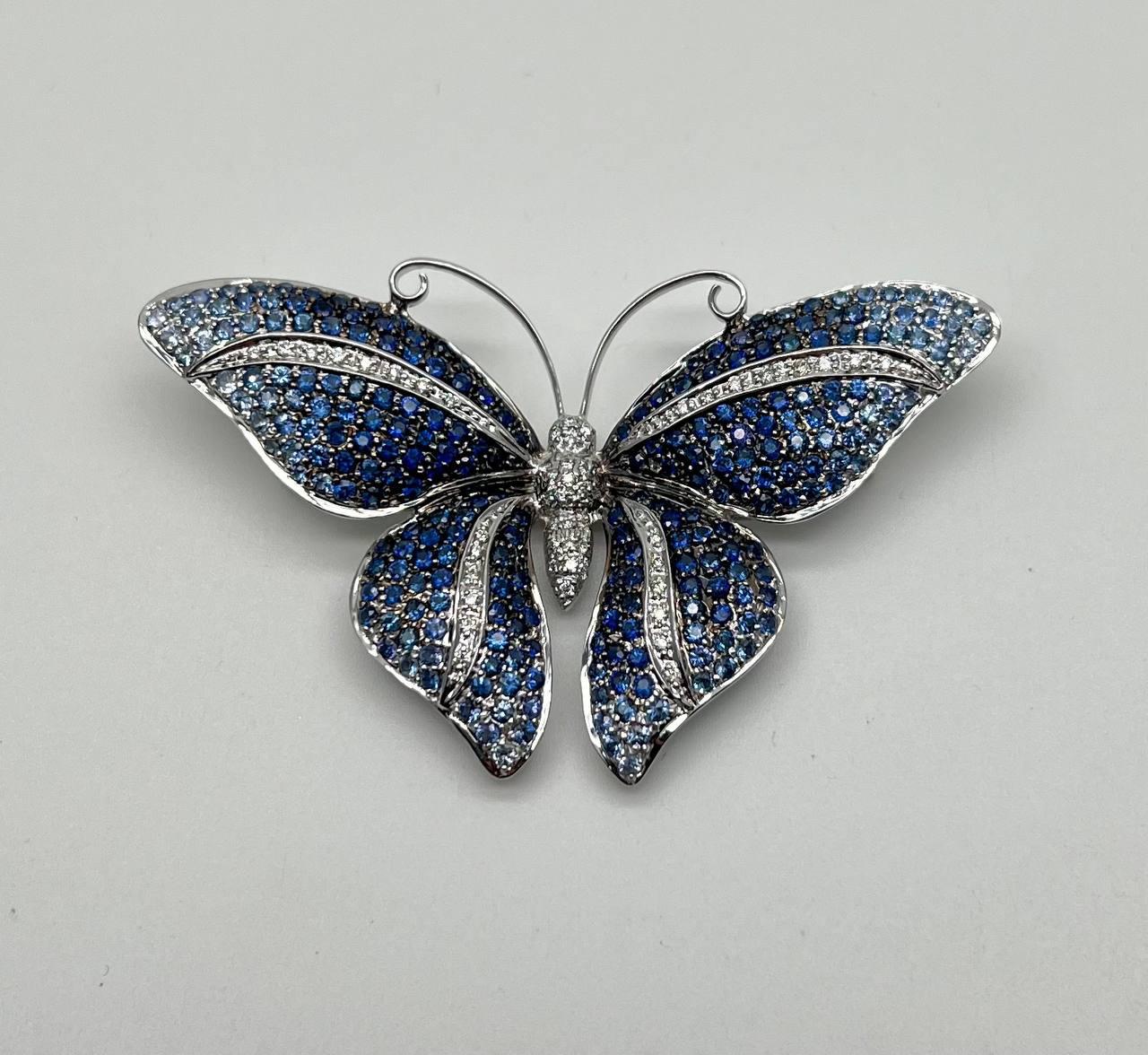 Blue Sapphire &amp; White Diamond Pave Butterfly 18 Karat White Gold Brooch Pin