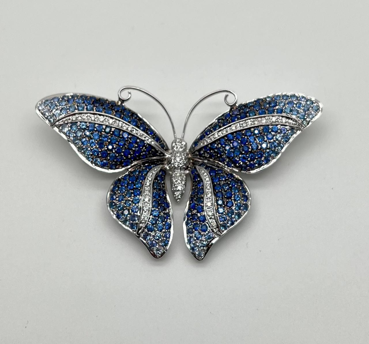 Blue Sapphire &amp; White Diamond Pave Butterfly 18 Karat White Gold Brooch Pin