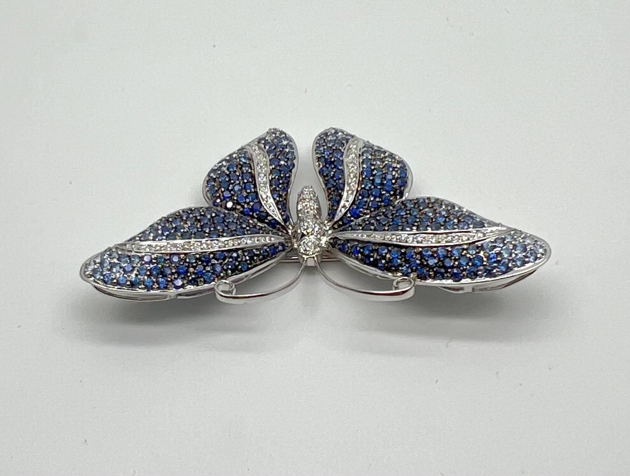 Blue Sapphire &amp; White Diamond Pave Butterfly 18 Karat White Gold Brooch Pin
