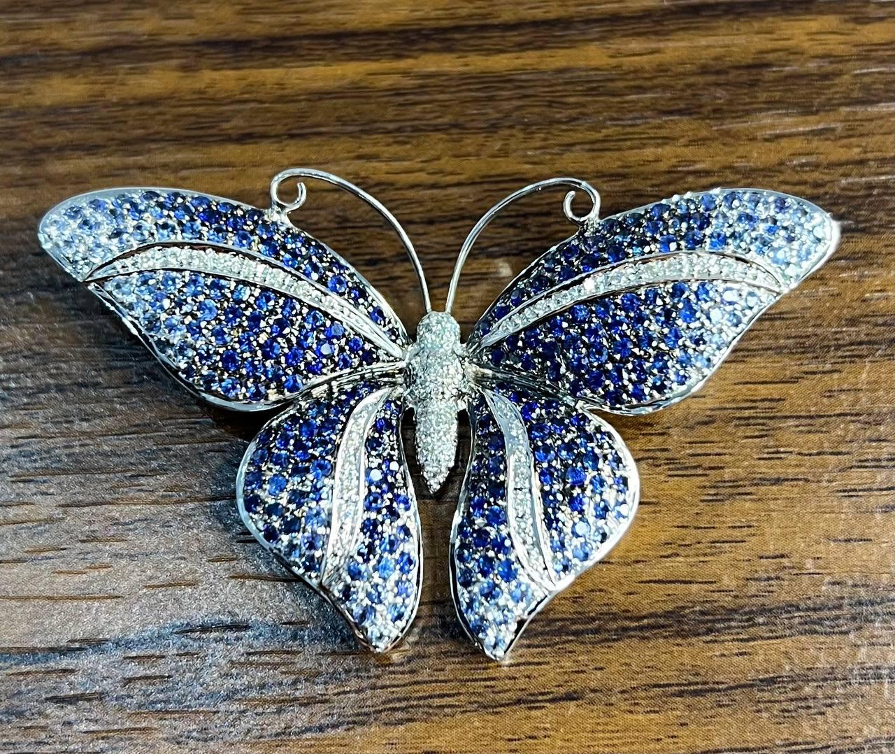 Blue Sapphire &amp; White Diamond Pave Butterfly 18 Karat White Gold Brooch Pin