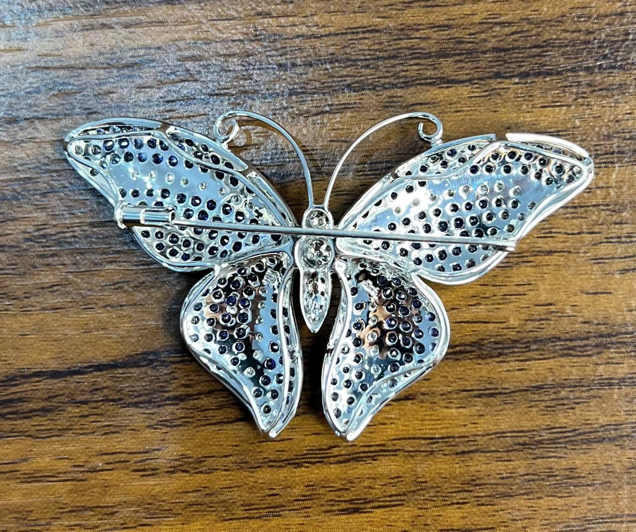 Blue Sapphire &amp; White Diamond Pave Butterfly 18 Karat White Gold Brooch Pin