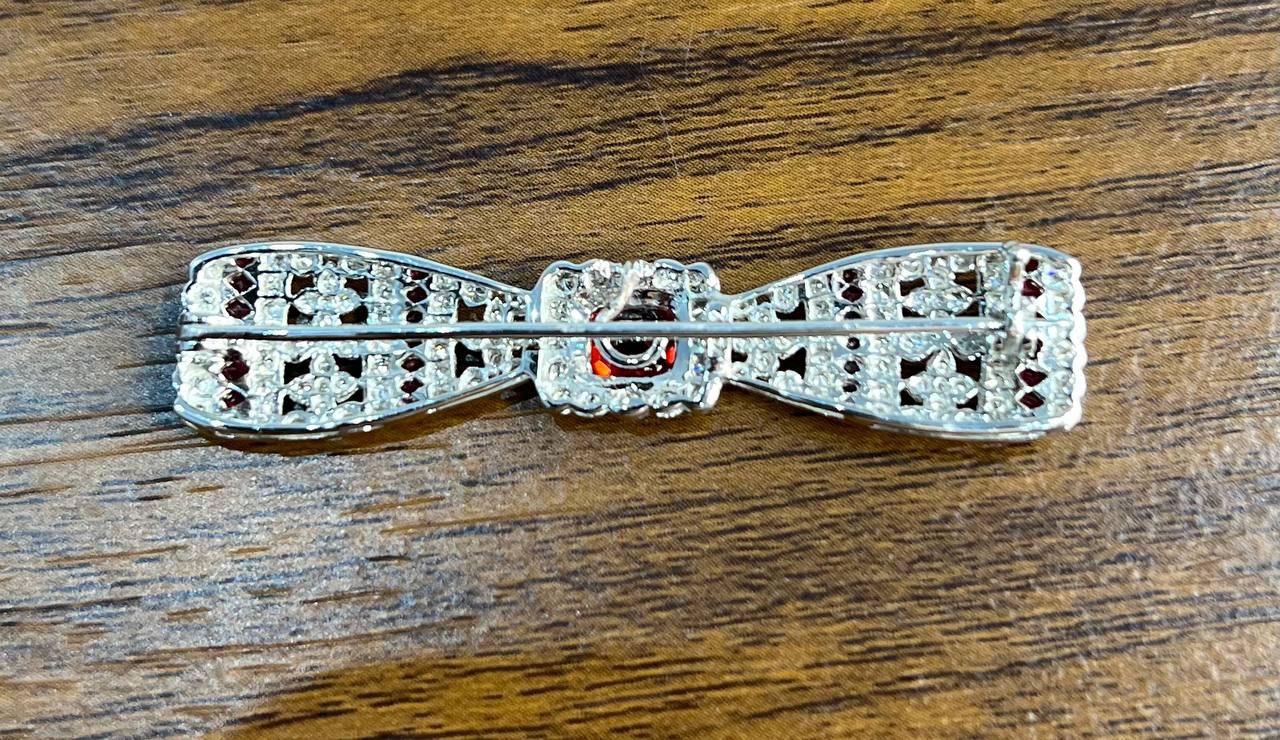 Emerald Cut Red Ruby White Diamond Filigree 18 Karat White Gold Brooch Pin