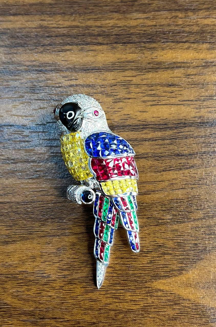 Invisible Setting Fancy Cut Sapphire Ruby Emerald Diamond Parrot Bird Brooch Pin