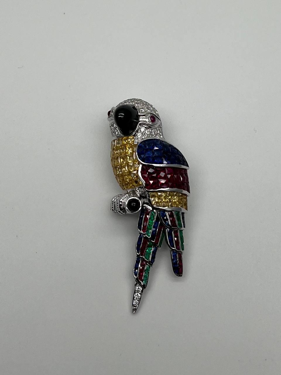 Invisible Setting Fancy Cut Sapphire Ruby Emerald Diamond Parrot Bird Brooch Pin