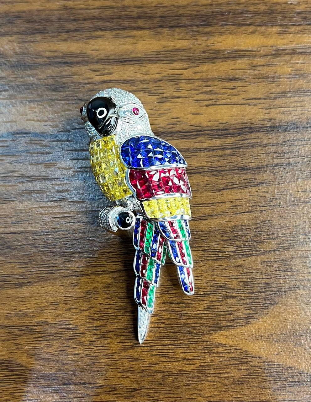 Invisible Setting Fancy Cut Sapphire Ruby Emerald Diamond Parrot Bird Brooch Pin