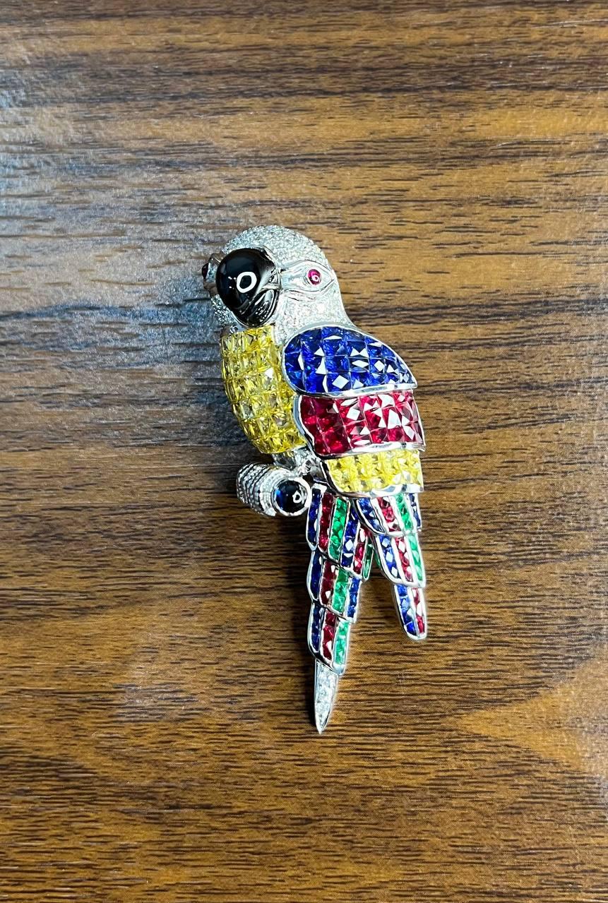 Invisible Setting Fancy Cut Sapphire Ruby Emerald Diamond Parrot Bird Brooch Pin