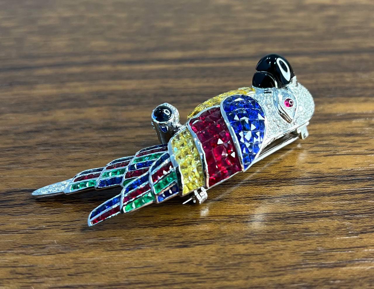 Invisible Setting Fancy Cut Sapphire Ruby Emerald Diamond Parrot Bird Brooch Pin