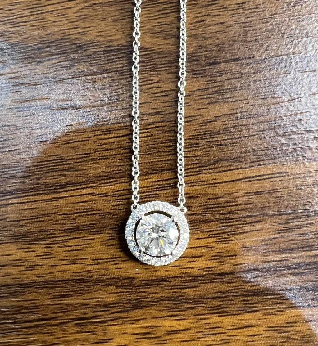 White Brilliant Round Diamond Solitaire Halo Set 18K White Gold Pendant Necklace