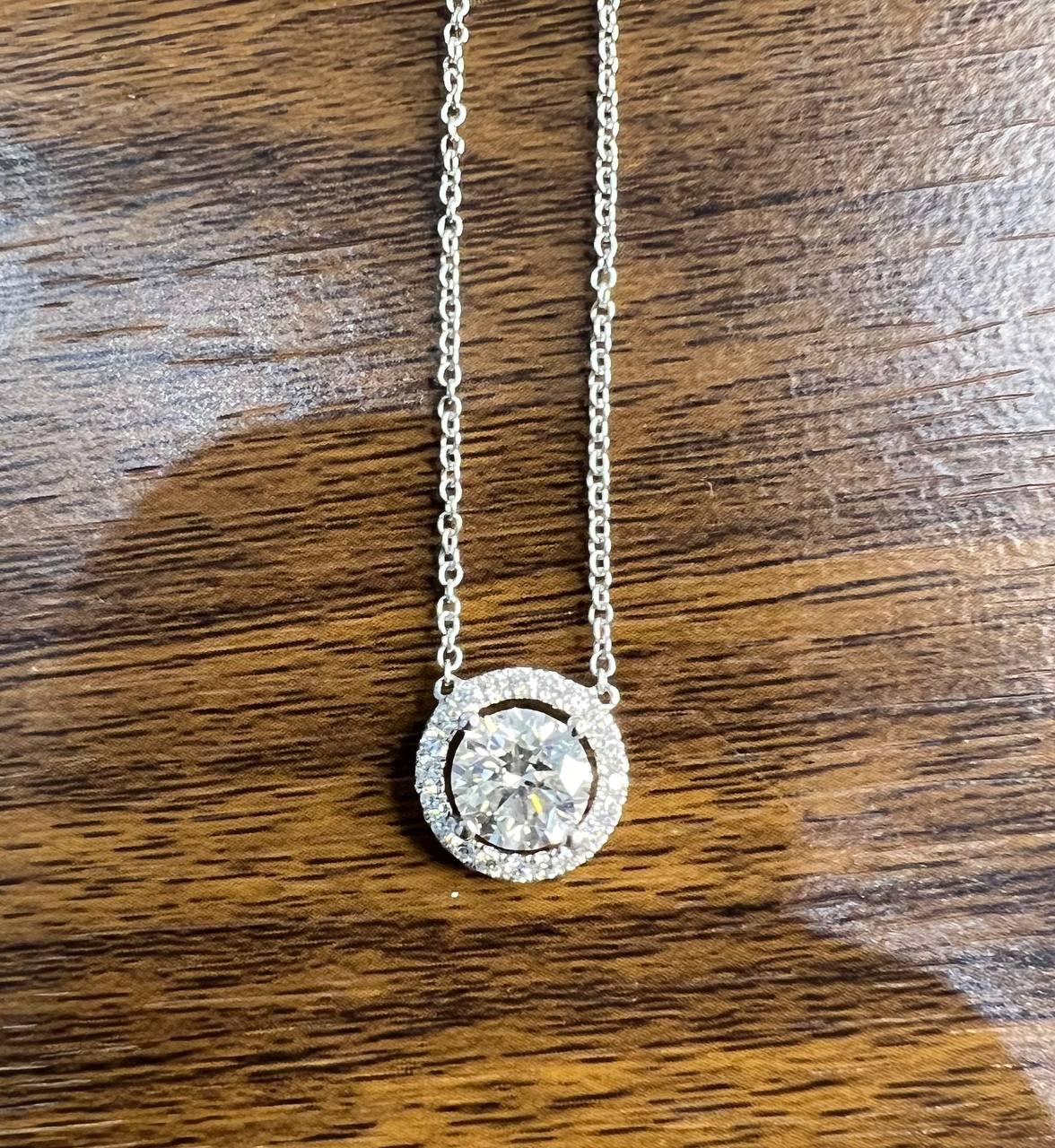 white brilliant round diamond solitaire halo set 18k white gold pendant necklace