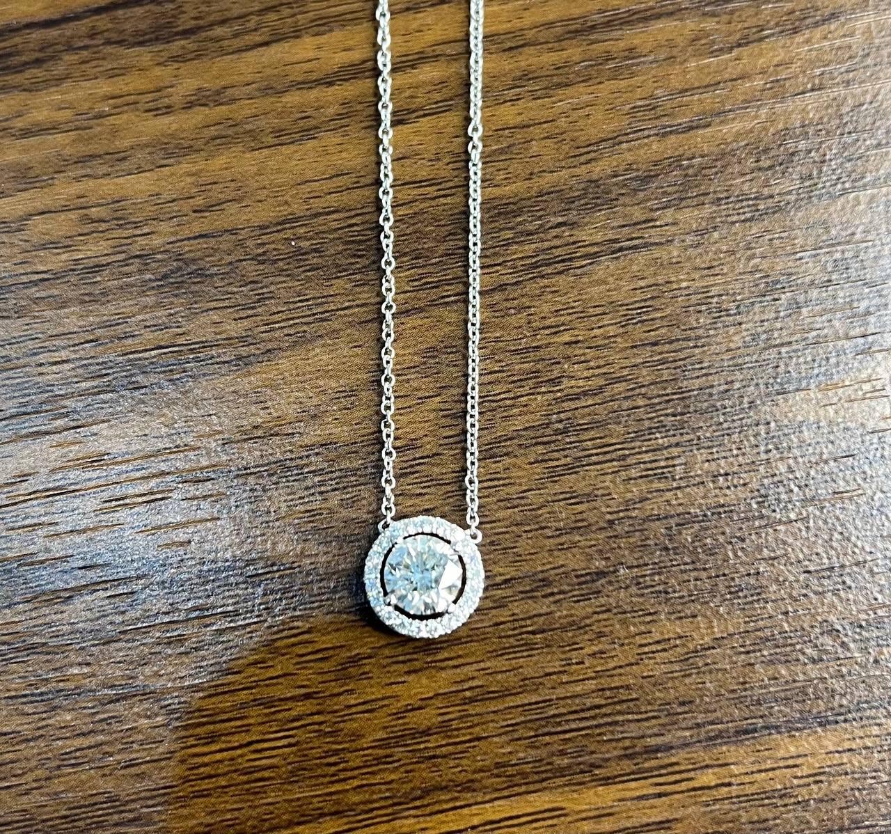 white brilliant round diamond solitaire halo set 18k white gold pendant necklace