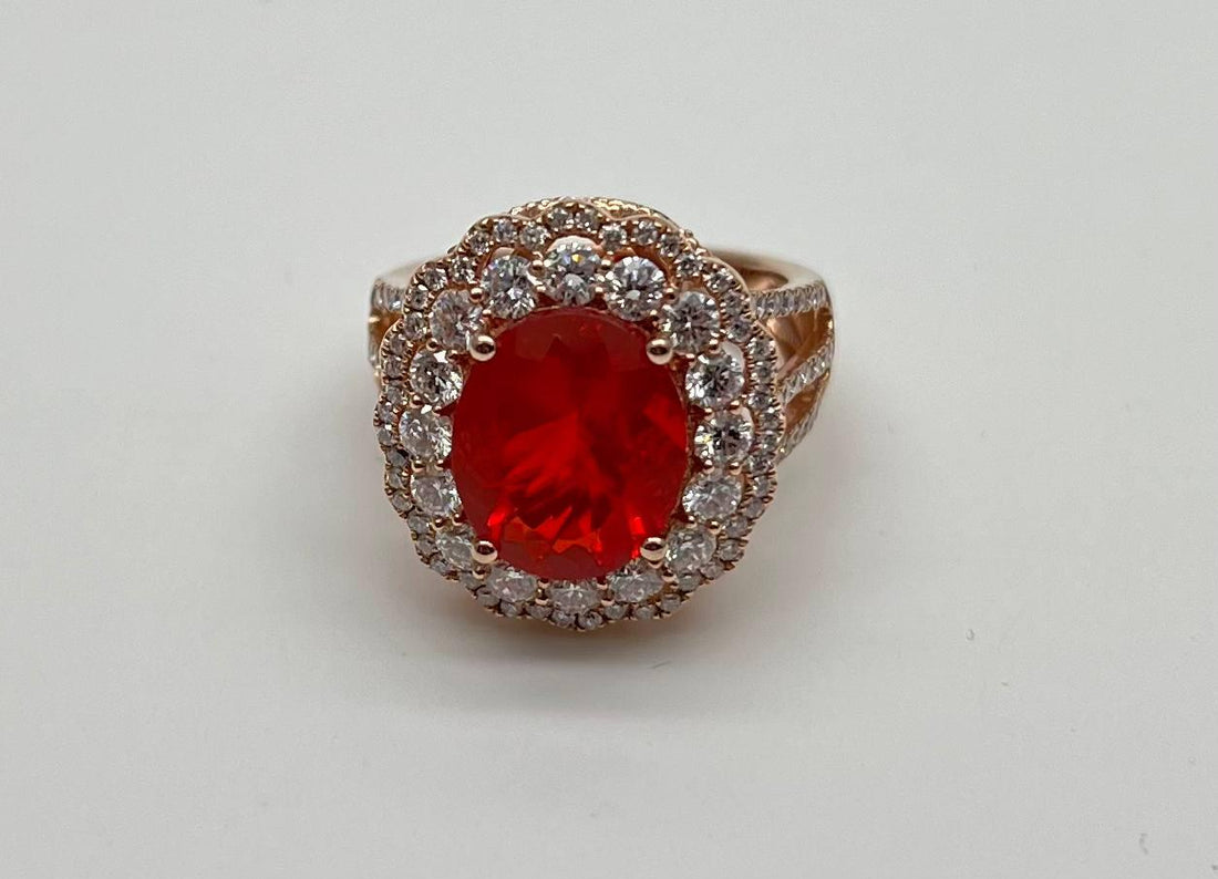 Fire Opal Oval Shape Cut Diamond Halo 14 Karat Rose Gold Statement Classic Ring