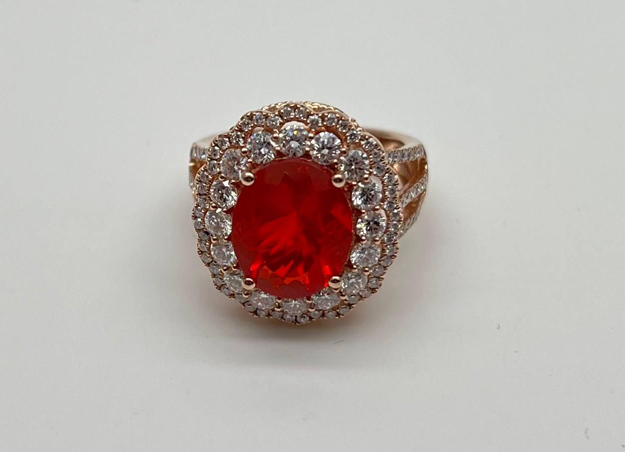 Fire Opal Oval Shape Cut Diamond Halo 14 Karat Rose Gold Statement Classic Ring