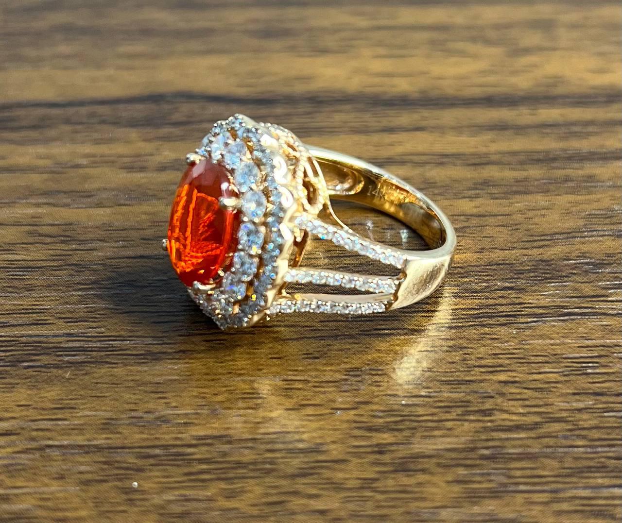 Fire Opal Oval Shape Cut Diamond Halo 14 Karat Rose Gold Statement Classic Ring