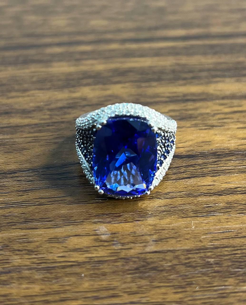 Blue Tanzanite Cushion Cut Blue Sapphire White Diamonds Pave 14K White Gold Ring