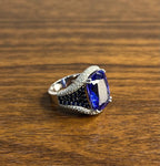 Blue Tanzanite Cushion Cut Blue Sapphire White Diamonds Pave 14K White Gold Ring