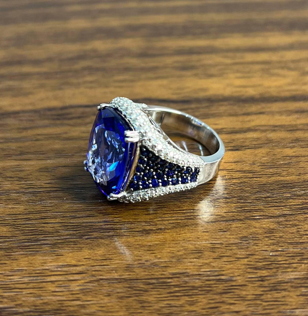 Blue Tanzanite Cushion Cut Blue Sapphire White Diamonds Pave 14K White Gold Ring