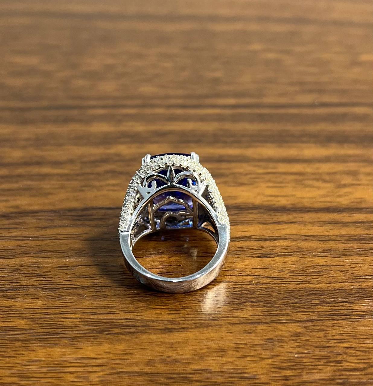 Blue Tanzanite Cushion Cut Blue Sapphire White Diamonds Pave 14K White Gold Ring
