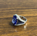 Blue Tanzanite Cushion Cut Blue Sapphire White Diamonds Pave 14K White Gold Ring