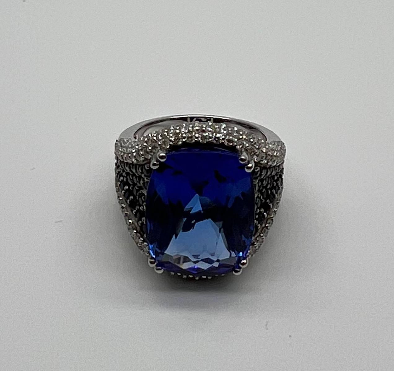 Blue Tanzanite Cushion Cut Blue Sapphire White Diamonds Pave 14K White Gold Ring