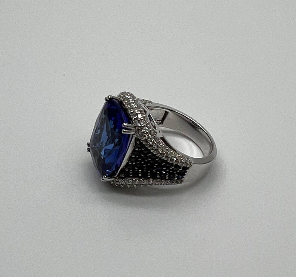Blue Tanzanite Cushion Cut Blue Sapphire White Diamonds Pave 14K White Gold Ring