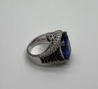 Blue Tanzanite Cushion Cut Blue Sapphire White Diamonds Pave 14K White Gold Ring