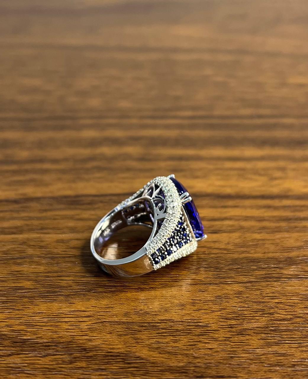 Blue Tanzanite Cushion Cut Blue Sapphire White Diamonds Pave 14K White Gold Ring