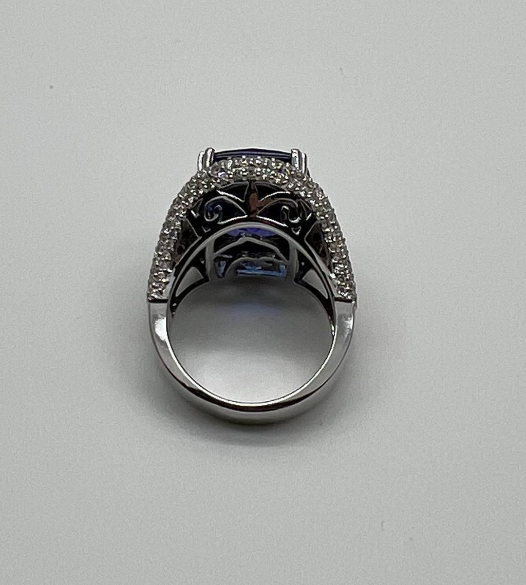 Blue Tanzanite Cushion Cut Blue Sapphire White Diamonds Pave 14K White Gold Ring