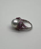 White South Sea Pearl Pink Sapphire Diamonds Halo Detail 18K White Gold Ring