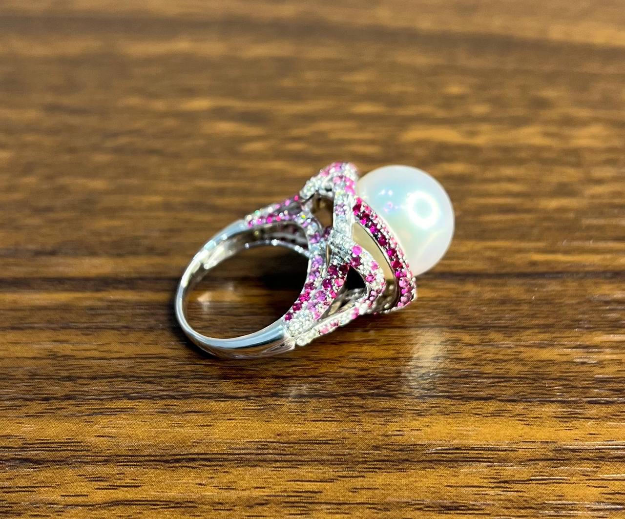 White South Sea Pearl Pink Sapphire Diamonds Halo Detail 18K White Gold Ring