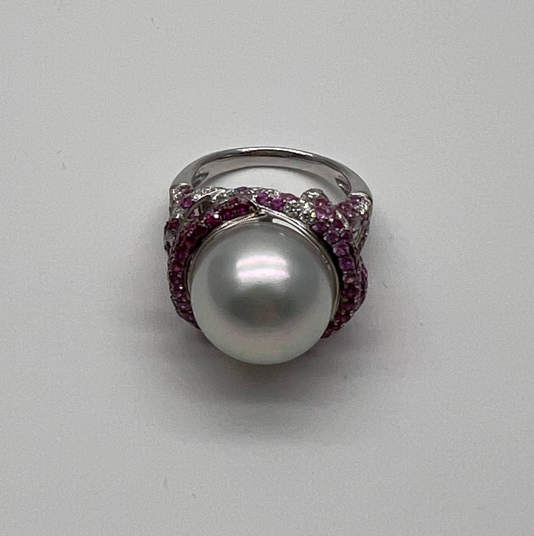 White South Sea Pearl Pink Sapphire Diamonds Halo Detail 18K White Gold Ring