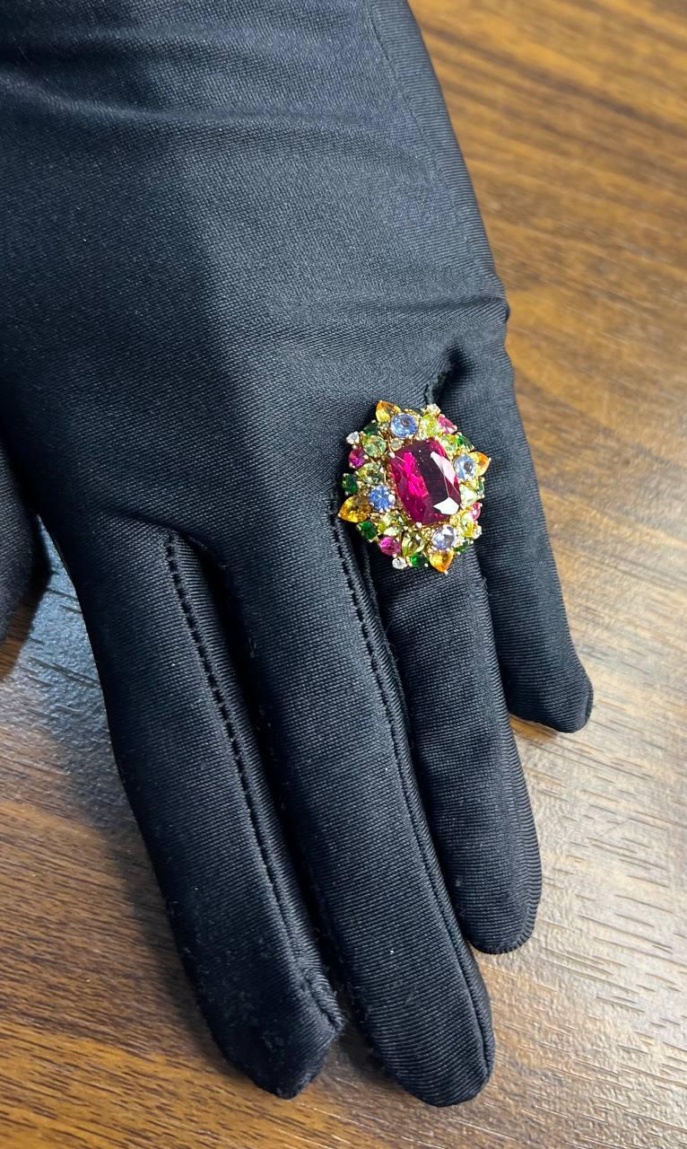 Multi Color Rainbow Ruby Sapphires Garnets Diamonds 18K Rose Gold Statement Ring