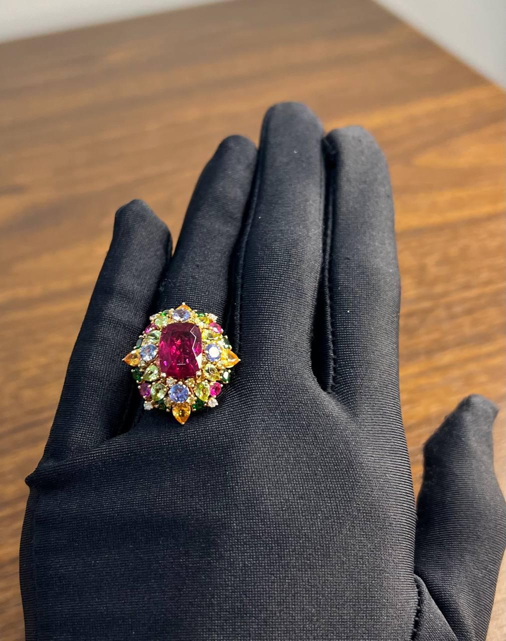 Multi Color Rainbow Ruby Sapphires Garnets Diamonds 18K Rose Gold Statement Ring