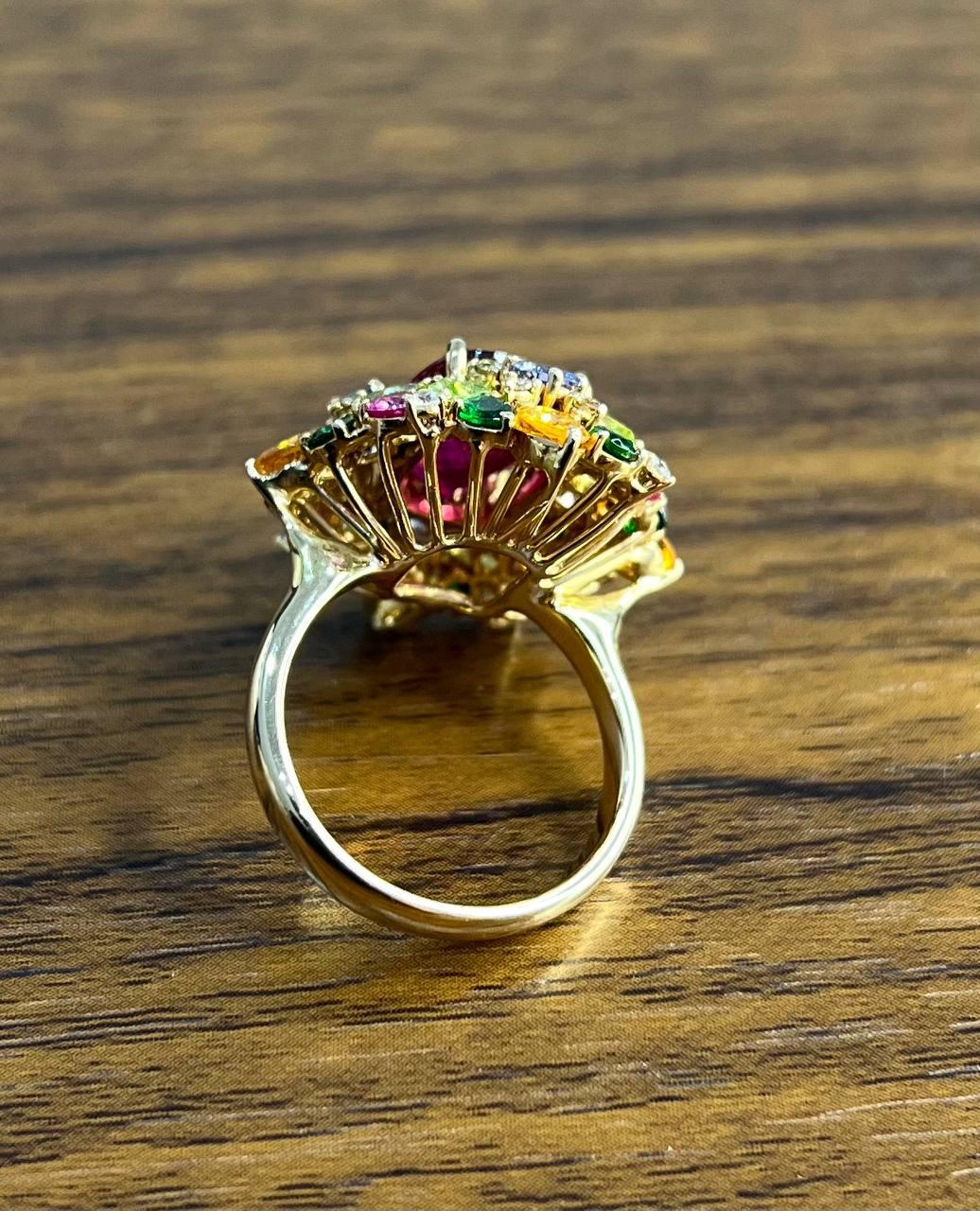 Multi Color Rainbow Ruby Sapphires Garnets Diamonds 18K Rose Gold Statement Ring