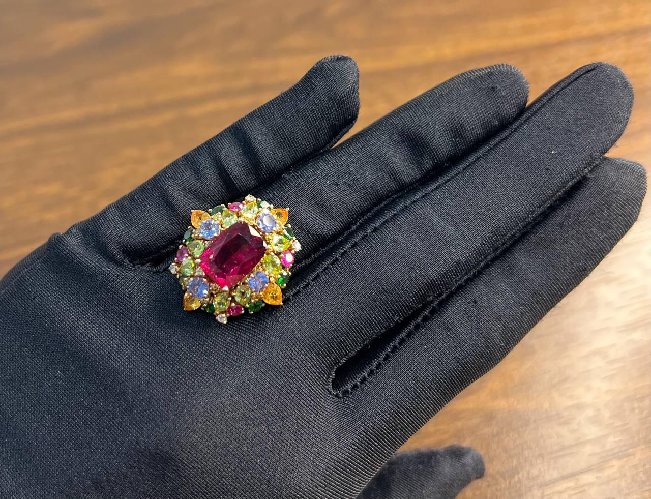 Multi Color Rainbow Ruby Sapphires Garnets Diamonds 18K Rose Gold Statement Ring