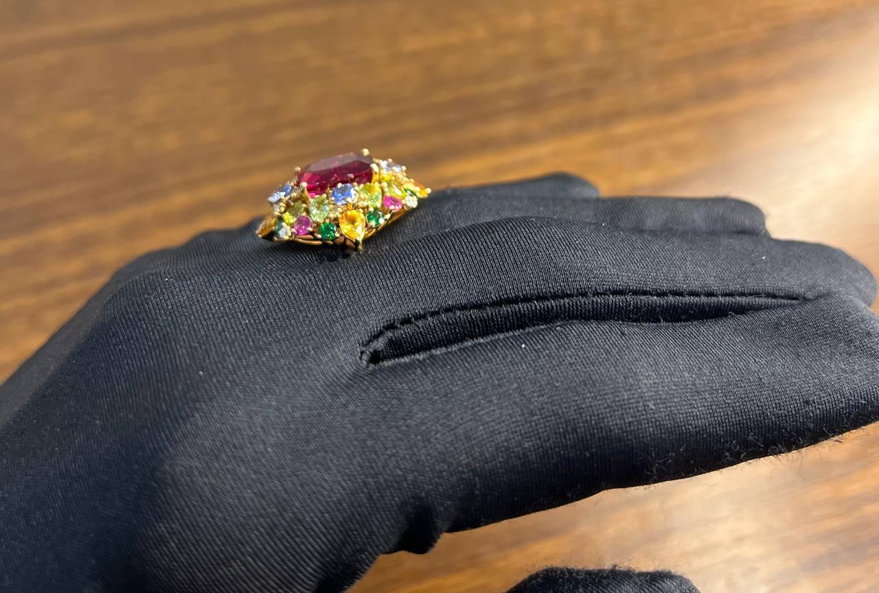 Multi Color Rainbow Ruby Sapphires Garnets Diamonds 18K Rose Gold Statement Ring
